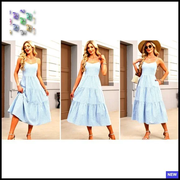 Sleeveless Striped Plaid Midi Dress Flowy Rayon Beach Vacation Sundress - Picture 7 of 7